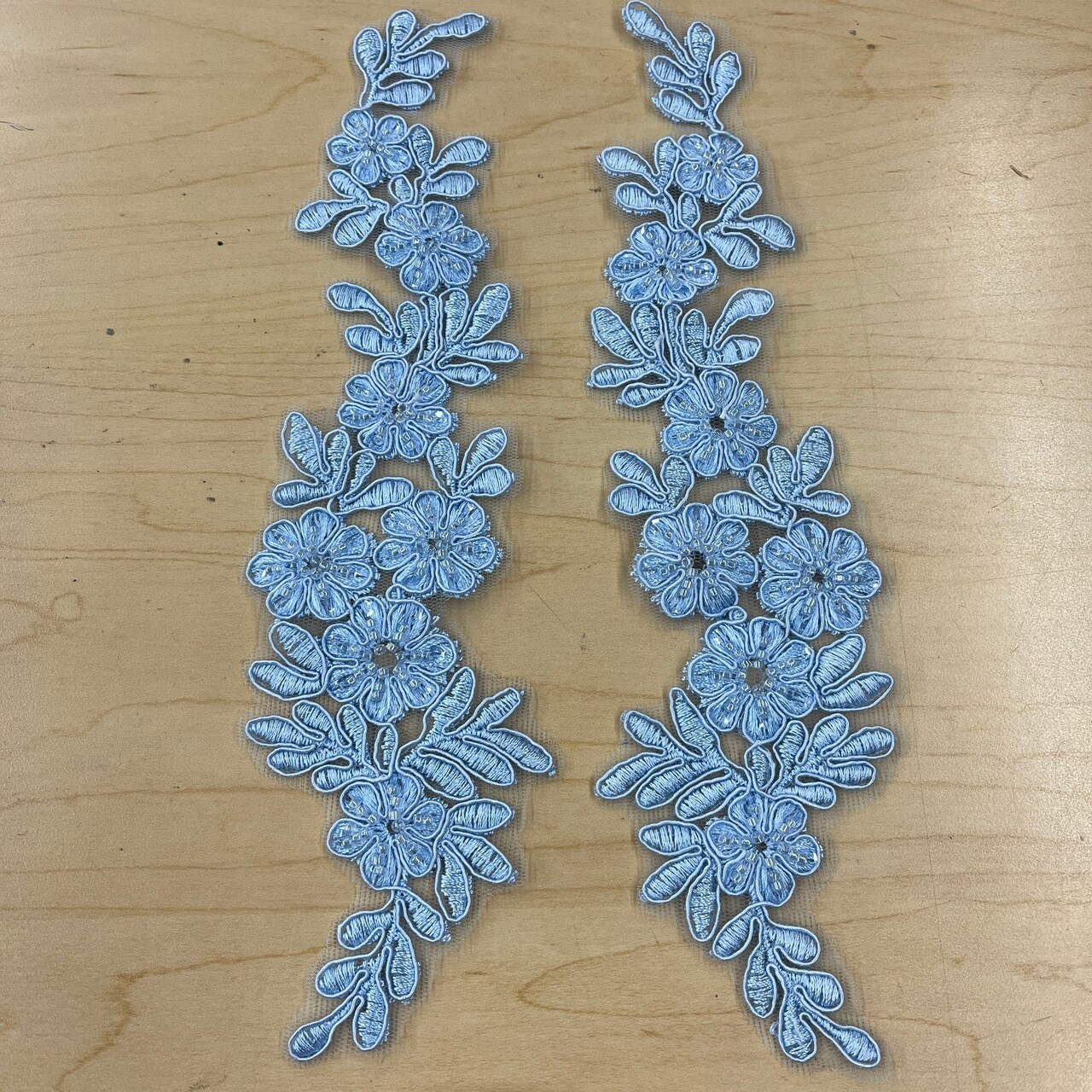 1 Pair 9.5" x 2" Each Side Beaded & Corded Floral Lace Applique Embroidered on 100% Polyester Net Mesh